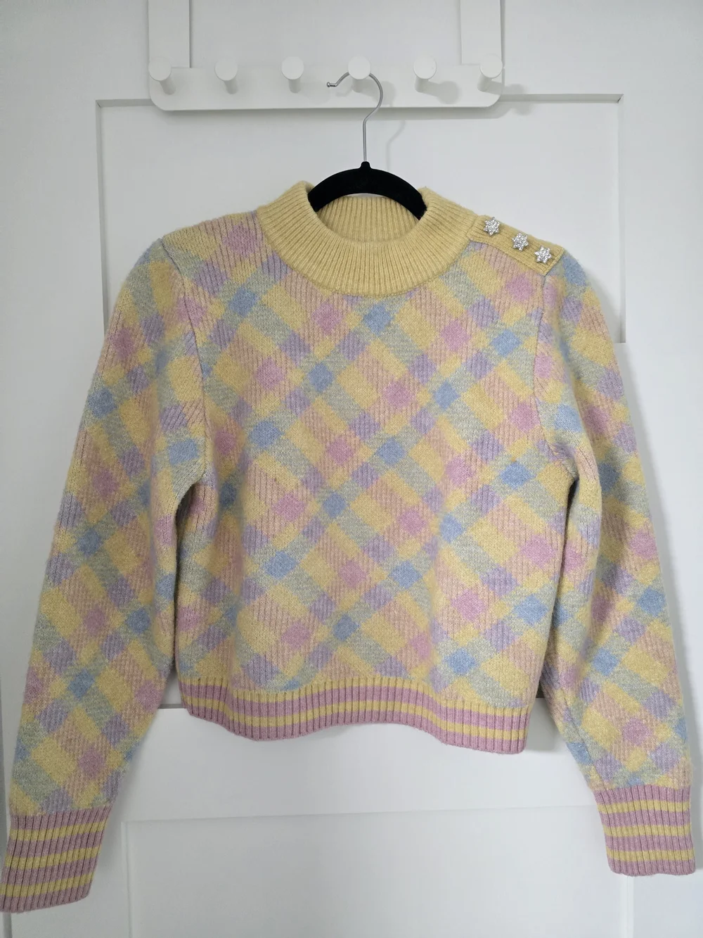 Zara Pastel Argyle Cowl Sweater in Yellow, Pink & Blue - Picture 1 of 3